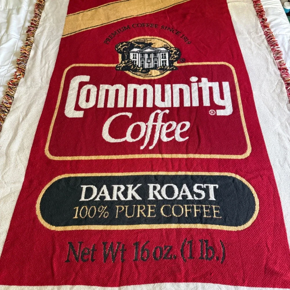 Community Coffee Dark Roast Woven Tapestry Throw Blanket Red Fringed Edge Retro